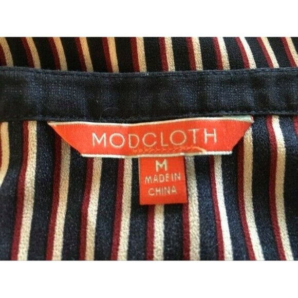 MODCLOTH Chiffon Blouse Size Medium Navy Blue Red Stripe Ruffle Trumpet Sleeves - Picture 6 of 7
